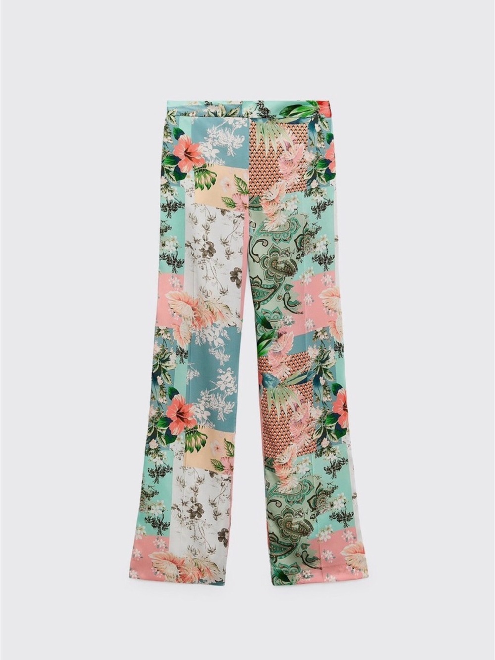 Zara Patchwork Floral Wide-Leg Pants in Mint & Pink